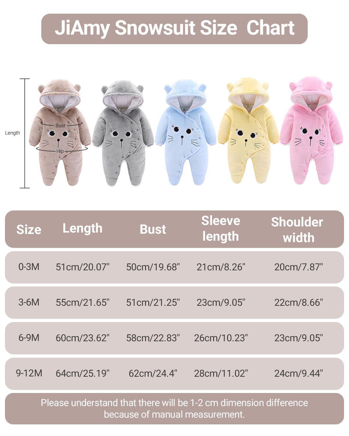 JiAmy Baby-Overall Baby-Strampler Flanell Winter-Strampelanzug mit Füßchen Kapuze Cartoon,Khaki 6-9 Monate