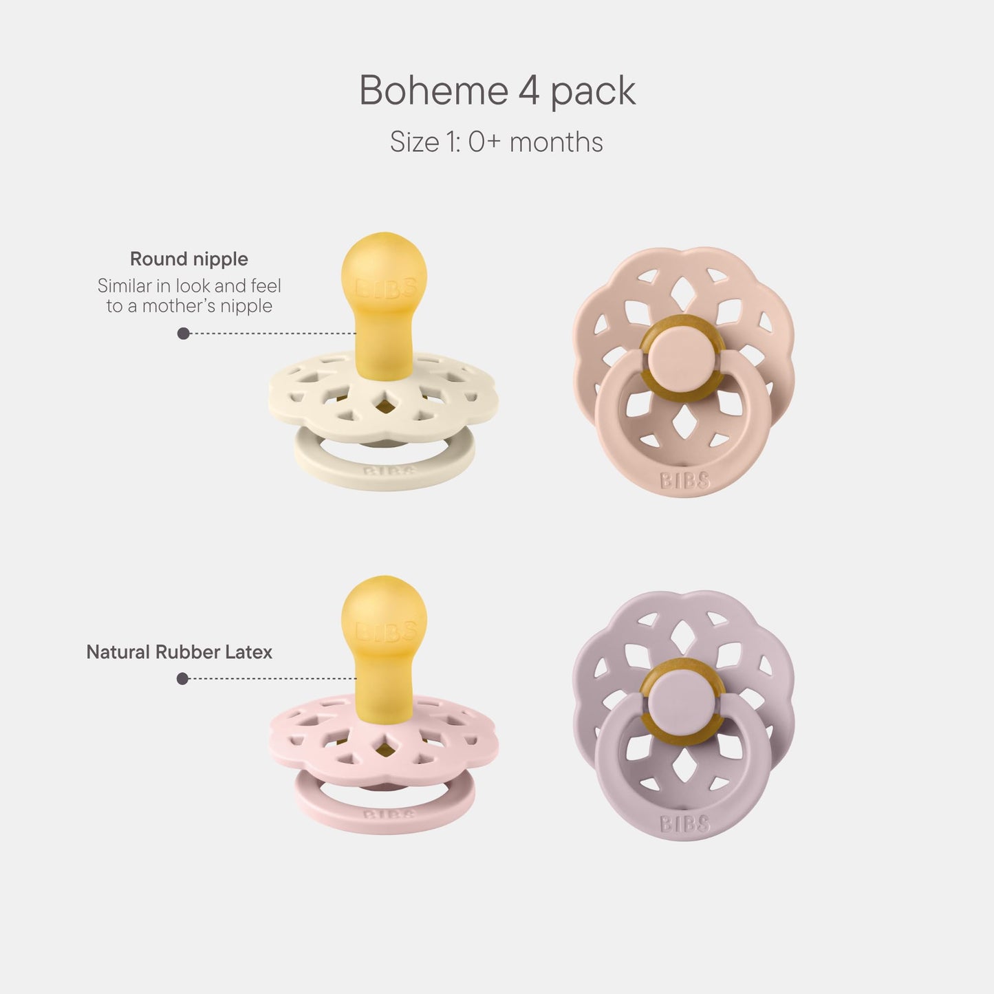 BIBS Boheme Schnuller 4er-Pack. BPA-frei, Kirschform Nippel. Naturkautschuk/Latex, Hergestellt in Dänemark. Größe 1/2, (0-6 Monate/6-18 Monate), (4er Pack), Vanilla Mix