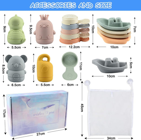 BIQIQI Baby Bath Toys, 15 Pieces Bath Toys Baby Silicone Water Toys Children with Squirting Animals Boats Bath Spoons, Floating Swimming Pool Bathtub Pool Bath Toys for Toddlers