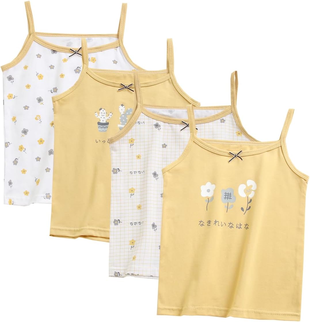 Yintry Girls' Printed Undershirts Cotton Undershirt/Tank Tops for 2-12 Years Elastic Cami Vests 4-Pack