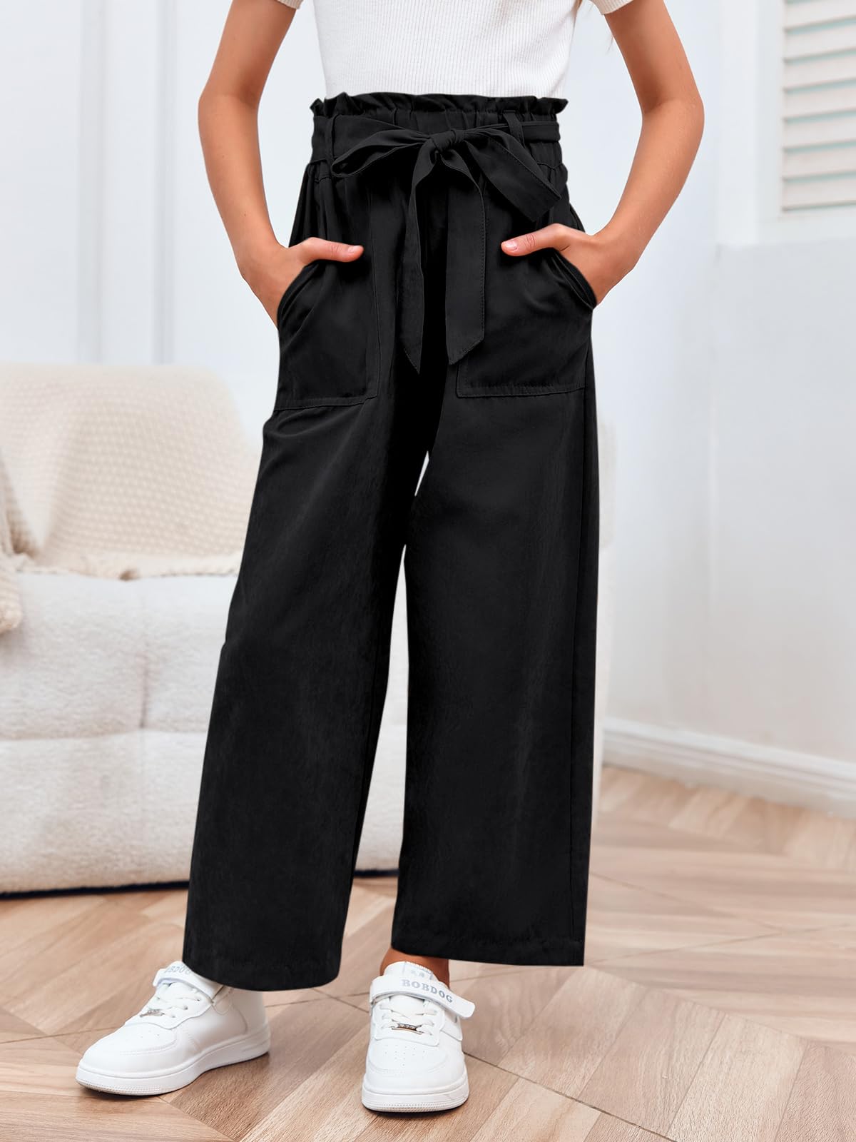 Haloumoning Mädchen Weite Hose Palazzo Hohe Taille Mode Bootcut Elastische Paperbag Freizeithose mit Gürtel