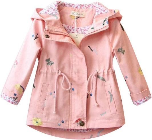 SXSHUN Girls' Windbreaker Jacket with Hood and Floral Embroidery, Hooded Trench Coat