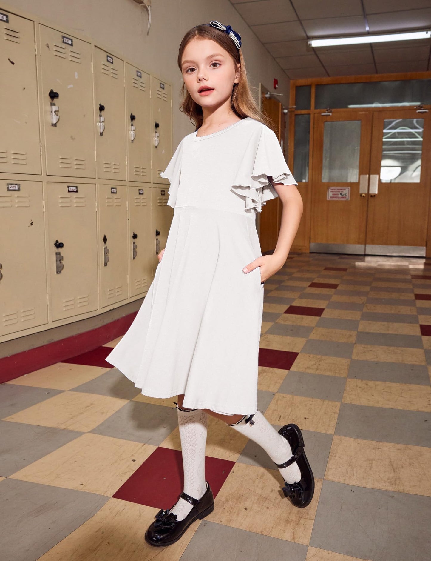Arshiner Kleider für Mädchen Schmetterlingsärmel Kleid Kinder A-Line Swing Kleid Rundhals Sommerkleid Baumwollekleid Festlich Partykleid Hochzeit Lässige Kinderkleidung mit Tasche