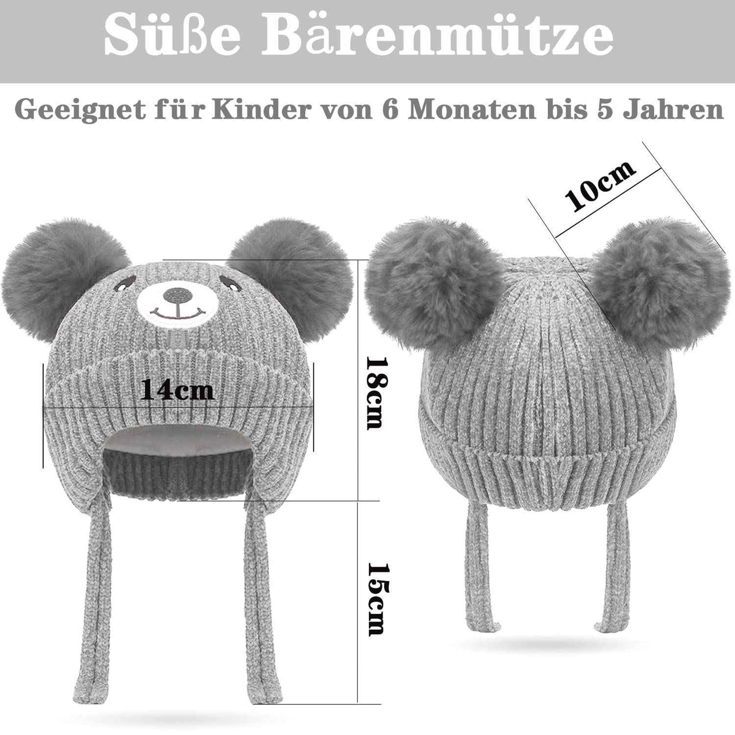 KEELYY Baby Mütze Beanie Strickmütze Herbst Wintermütze Süßer Hut mit Earflap und Bindebändern Warm Hat für Jungen Mädchen