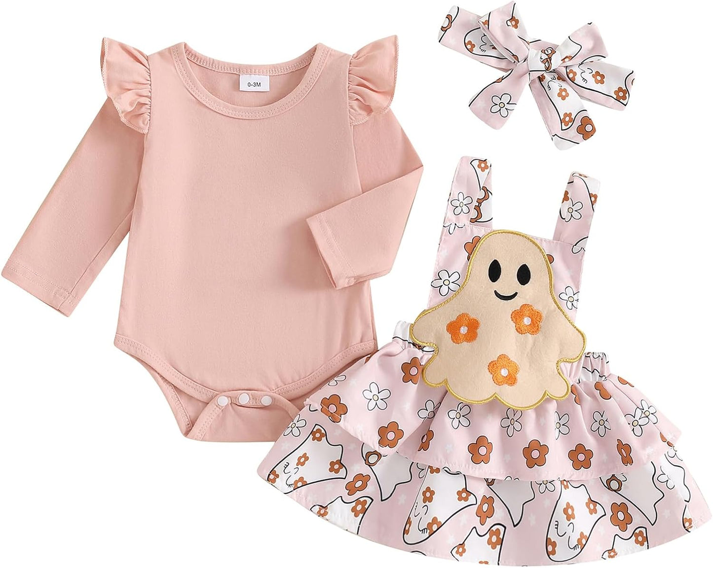 ESSECMBS Infant Baby Girl Halloween Romper Skirt 3 Pieces Clothing Set Long Sleeve Ruffle Shoulder Body Braces Pumpkin Ghost Skirt Headband Girls All Saints Clothing