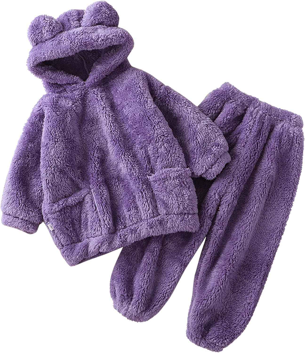 Fccrian Kleinkind Kinder Baby Mädchen Jungen Kleidung Winter Warm Kapuze Ohr Sweatshirt Tops und Hosen 2-teiliges Herbst-Outfits Pyjama Nachtwäsche Set Baby Pyjama einfarbig