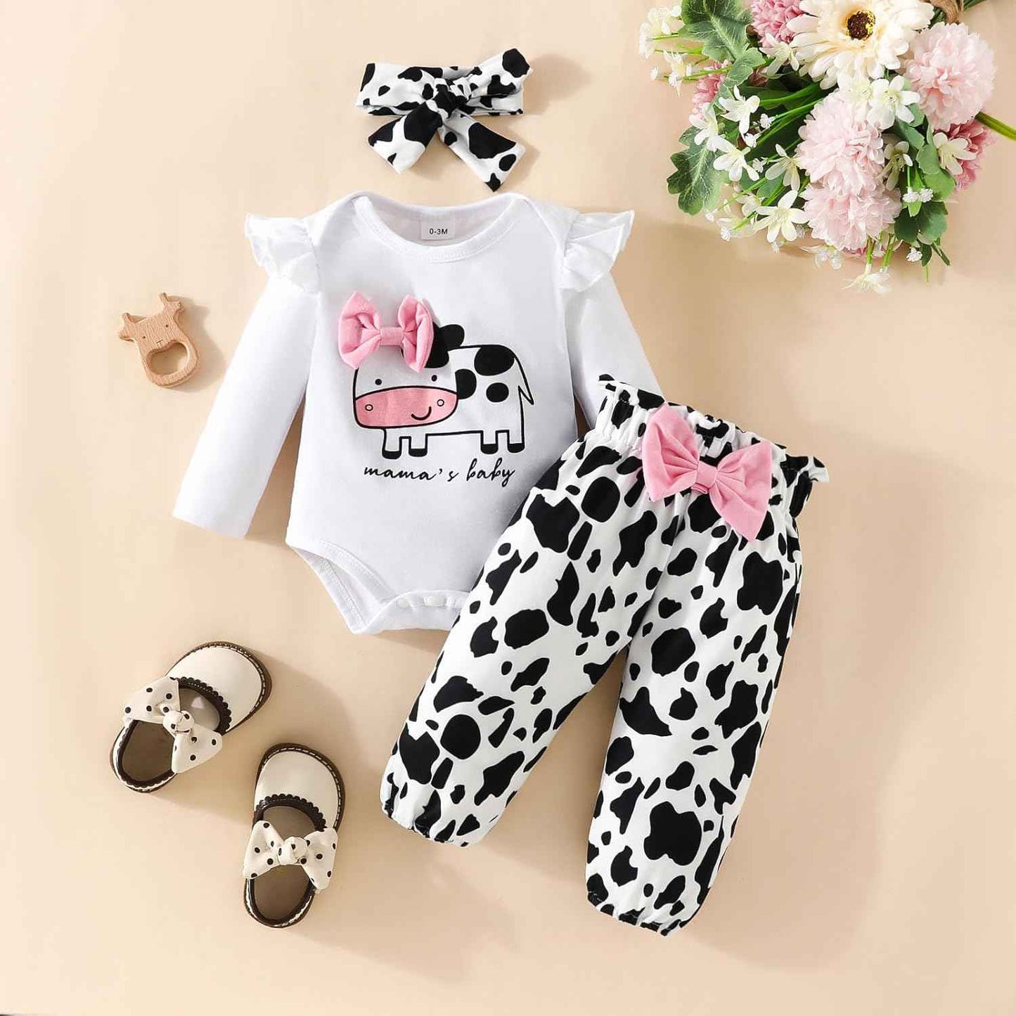Achlibe Neugeborene Baby-Mädchen-Herbstoutfits Langarm-Kuhdruck-Strampler-Body + Bogenhose + Stirnband 3-teiliges Set