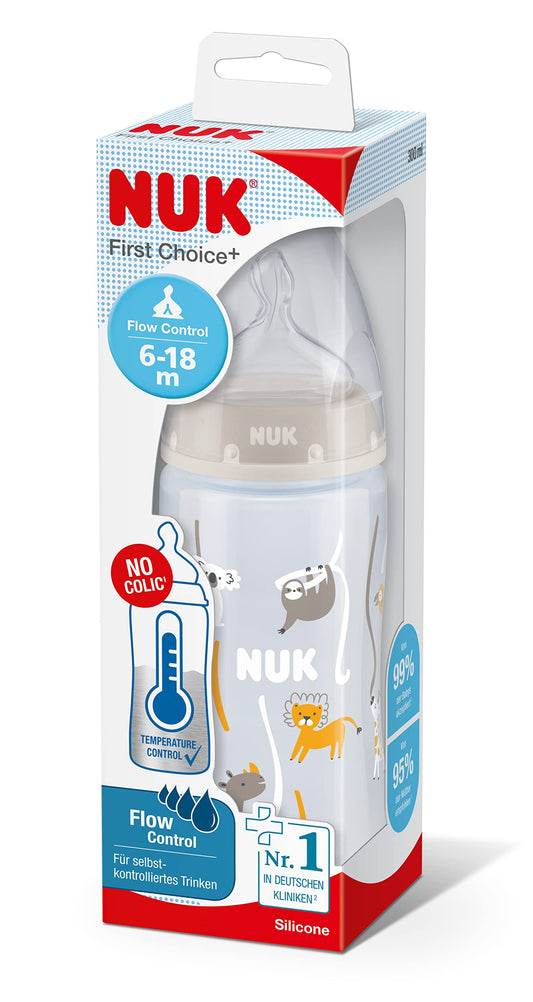 NUK First Choice+ Baby Bottle | 6-18 Months | Temperature Control | Flow Control | Anti-Colic Valve | 300ml | BPA Free | Silicone Teat | Safari (Neutral) (Pack of 2)