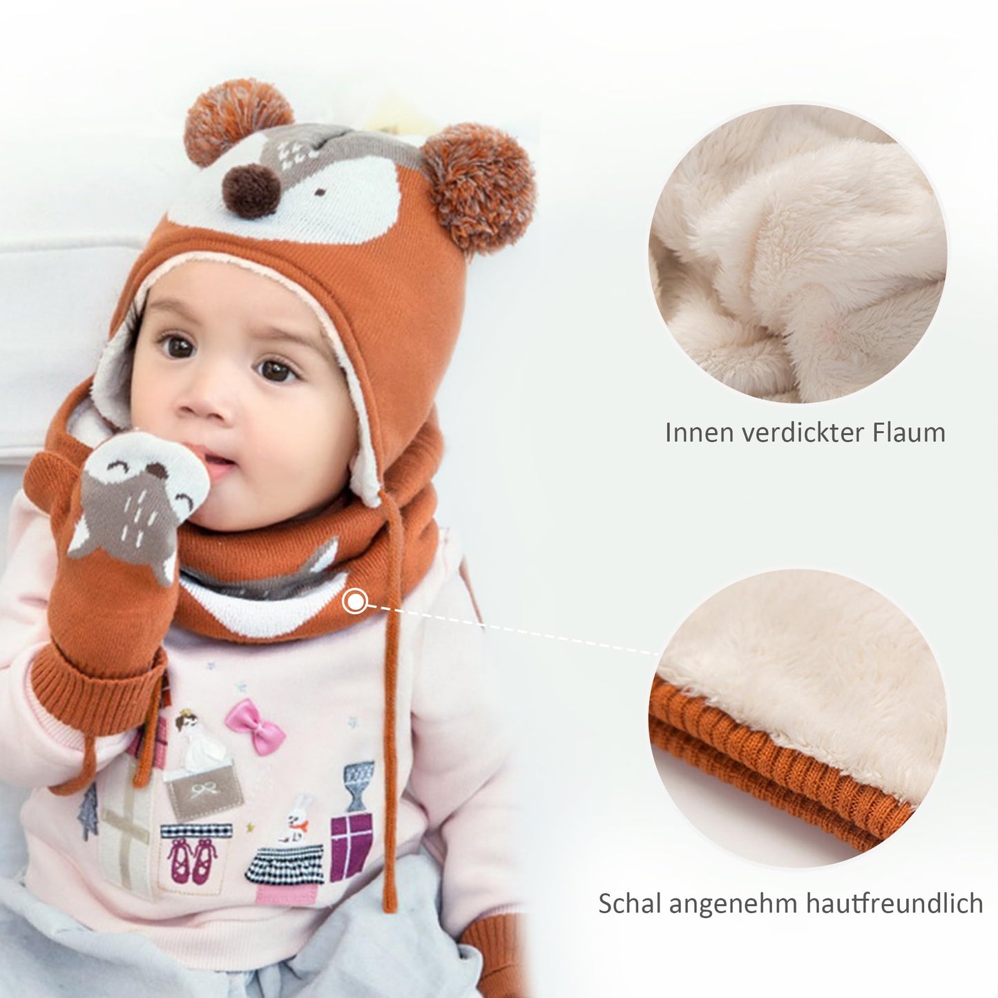 DORRISO Unisex-Baby Jungen Mädchen Mütze Schal Handschuh Set Niedlich Frühling Winter Herbst Beanie Strickmütze Warm Niedlich Klein Fuchs Wintermütze 1-6 Jahre alt
