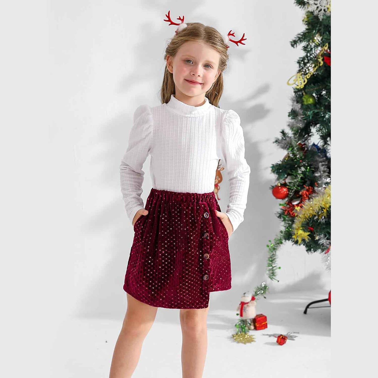 Bkixhv Baby Girls Clothes, Toddler Girls Skirt Set, Autumn Outfits, Long Puff Sleeves, Tops and Sequin Mini Skirt