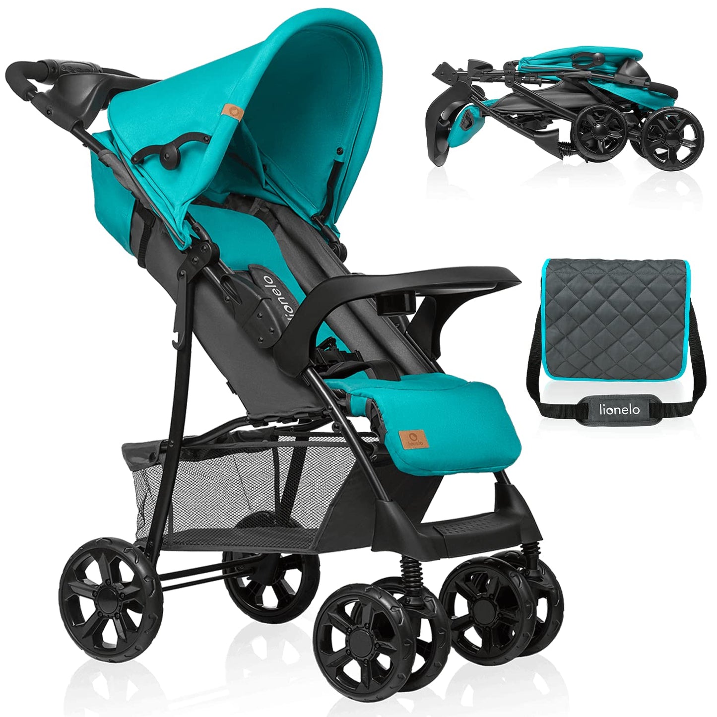LIONELO Emma Plus Kinderwagen bis zu 15 kg, Kindersportwagen, leicht modern klein Buggy mit Liegeposition, zusammenklappbar, große Räder, großer Korb, Tasche Vivid Turkus