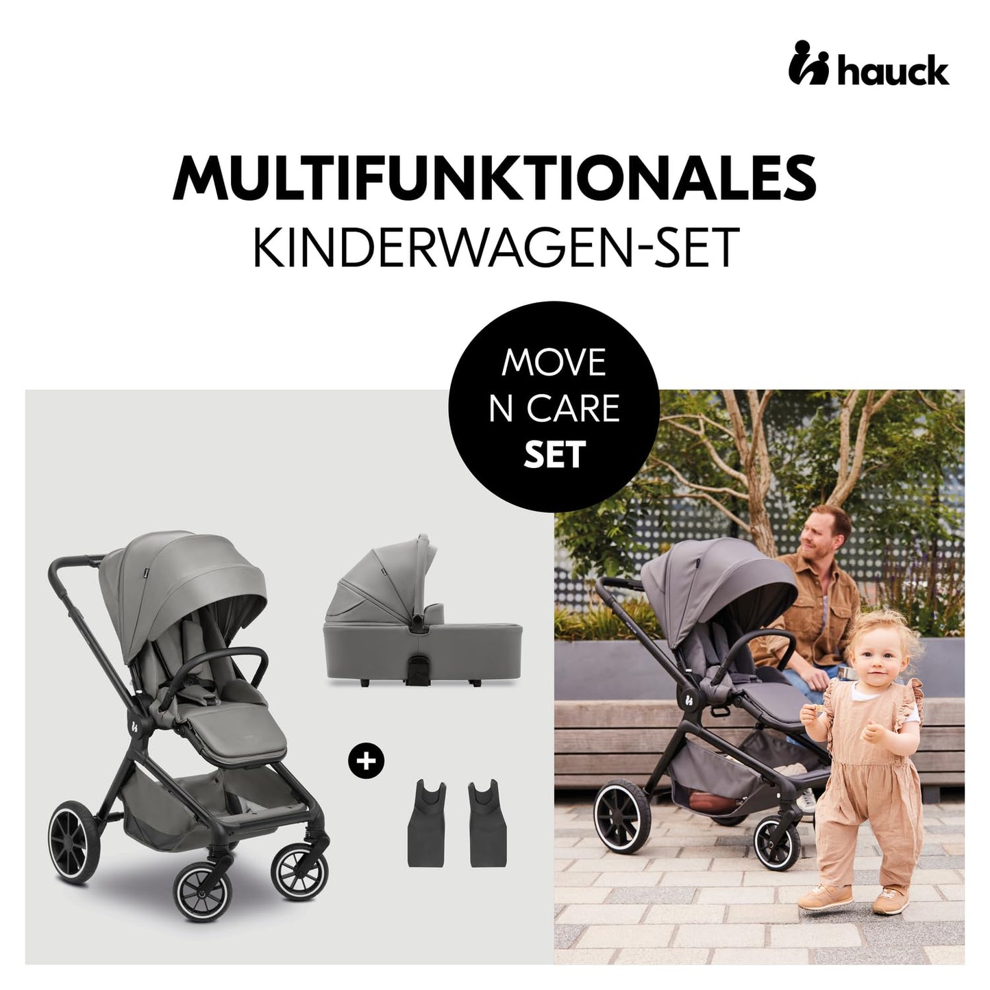 hauck 2 in 1 Kinderwagen Set ab Geburt bis 22 kg Move N Care Set, Große Babywanne, Wendbarer Buggysitz mit Liegefunktion, Teleskopgriff Gummiräder Federung, UV-Schutz 50+, Faltbar, XL Korb (Dark Grey)
