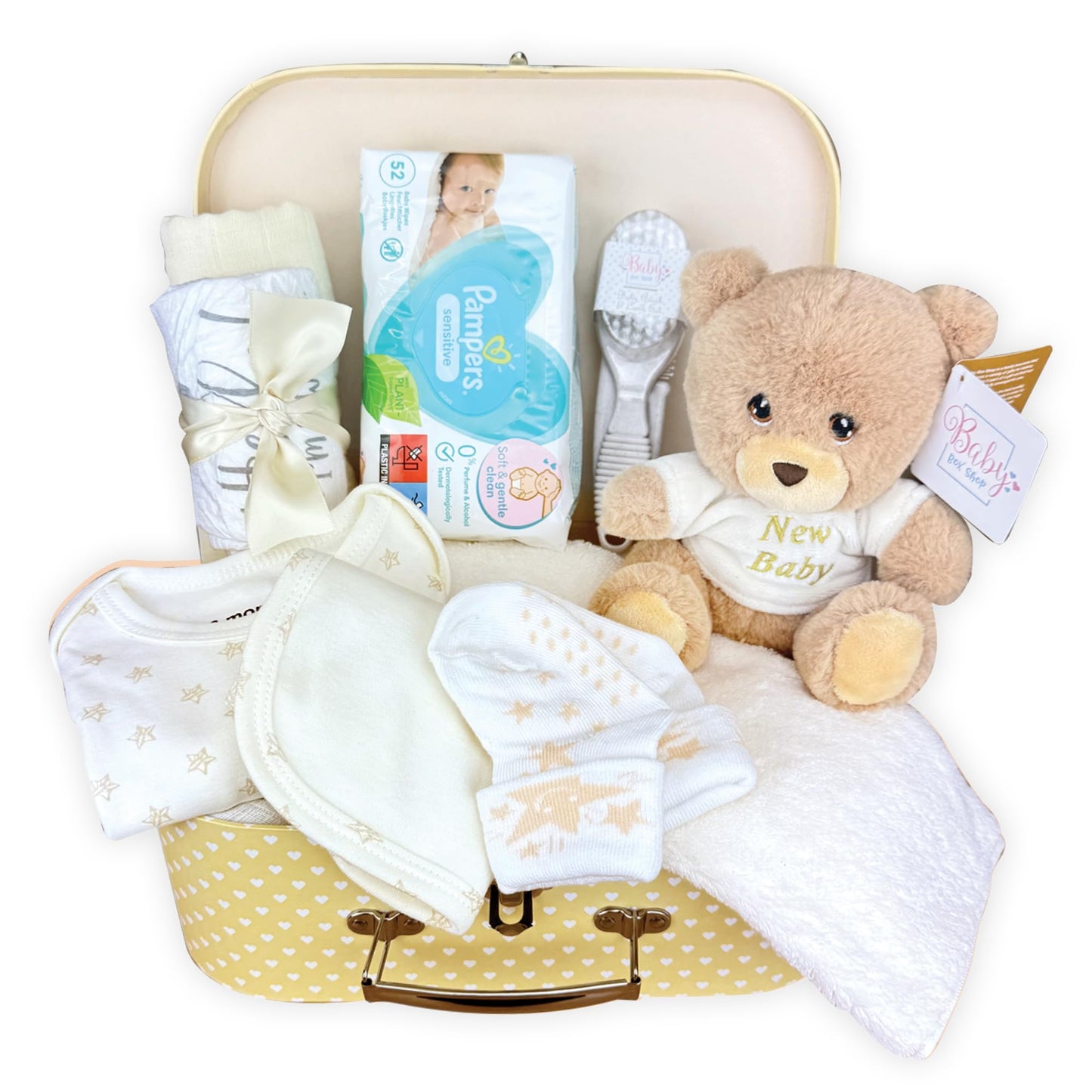 Baby Box Shop Babyparty Geschenk - 12 Baby-Essentials, Baby Geschenkset, Baby Geschenkkorb, Geschenke für eine Babyparty, Neugeborene Geschenkset, Neugeborenen Geschenk, Baby Geschenk Set - Creme