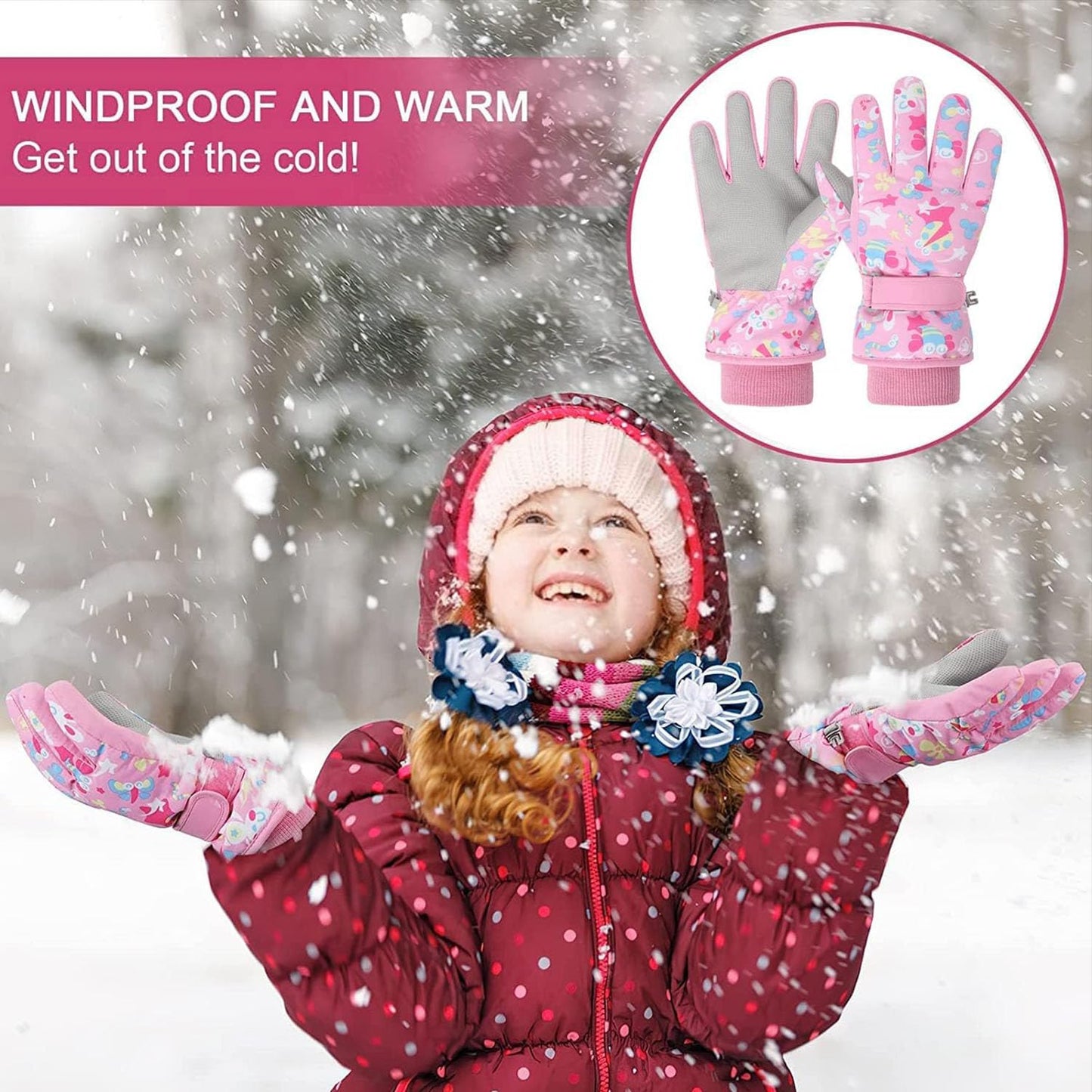 HNGEMSY Children's Winter Snow Gloves Ski Gloves for 2-13 Years Girls Boys PU Palm Waterproof Windproof Warm Fleece Winter Gloves
