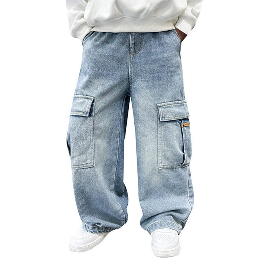 Children's Baggy Jeans Boys Wide Leg Jeans Loose Fit Denim Vintage Trousers Casual Wide Leg Jeans Streetwear Outdoor Vintage Loose Fit Baggy Jogging Bottoms Boys Black Trousers Cargo Trousers Pants