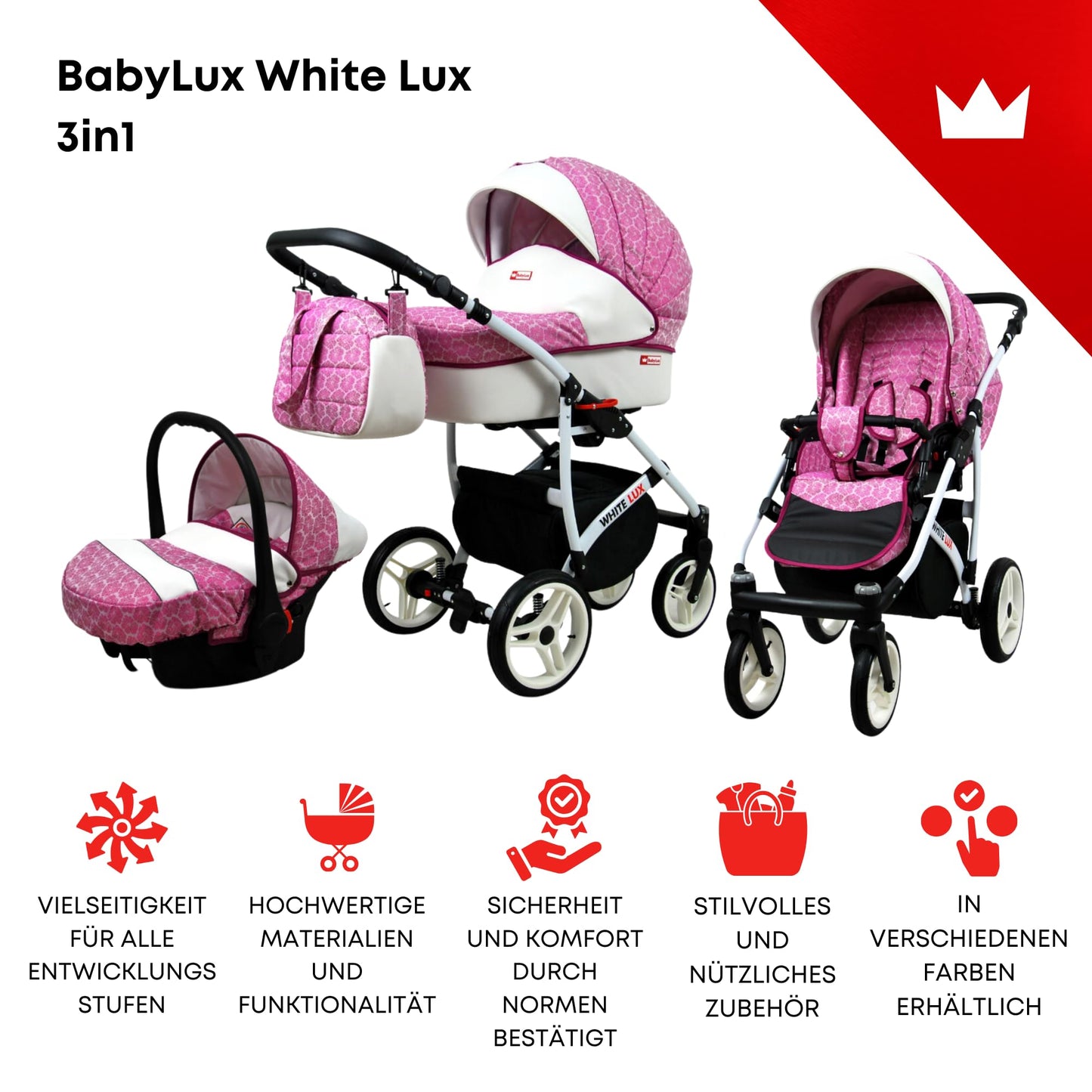 BabyLux® Bambimo stroller set 3 in 1 - White Lux - incl. carrycot, buggy sports seat, car seat - stroller set - combi stroller with changing bag, rain cover, etc.