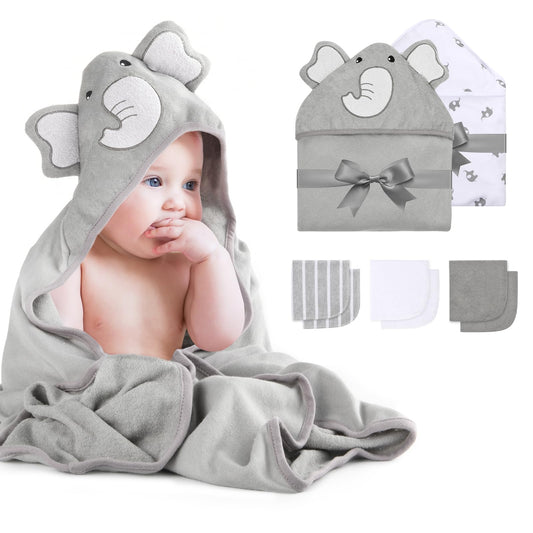Momcozy Bambus Baby Badetücher Set 5er Pack, Babyhandtuch mit Kapuze , Waschlappen 3 Stück, Baby Bad Handschuh 1 Stück, Extrem Weich, Atmungsaktiv, Geeignet für Mädchen und Jungen