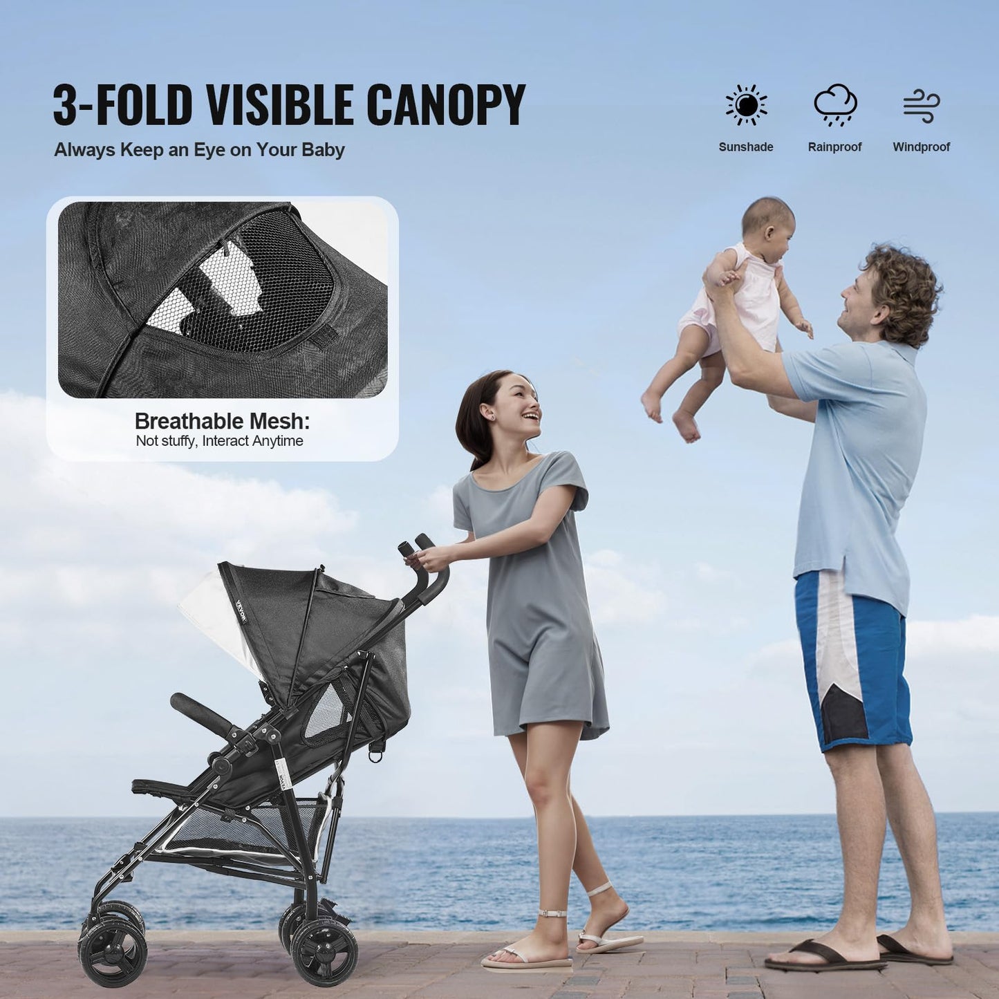 VEVOR Leichter Kinderwagen, kompakt, einfach zusammenklappbar, mit verstellbarer Rückenlehne, Rahmen aus Karbonstahl, großem Aufbewahrungskorb, Kinderwagen mit Schirm für Reisen und mehr, Schwarz/Weiß - Meloni2