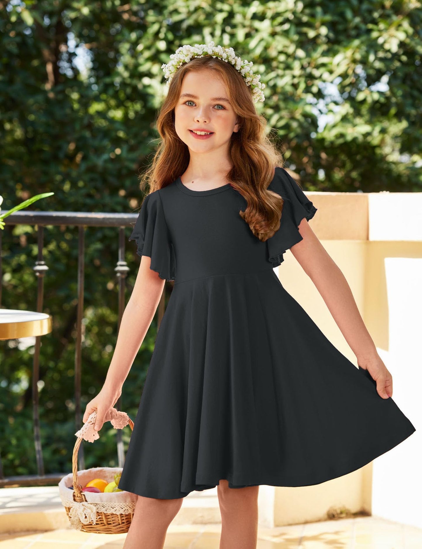 Arshiner Kleider für Mädchen Schmetterlingsärmel Kleid Kinder A-Line Swing Kleid Rundhals Sommerkleid Baumwollekleid Festlich Partykleid Hochzeit Lässige Kinderkleidung mit Tasche