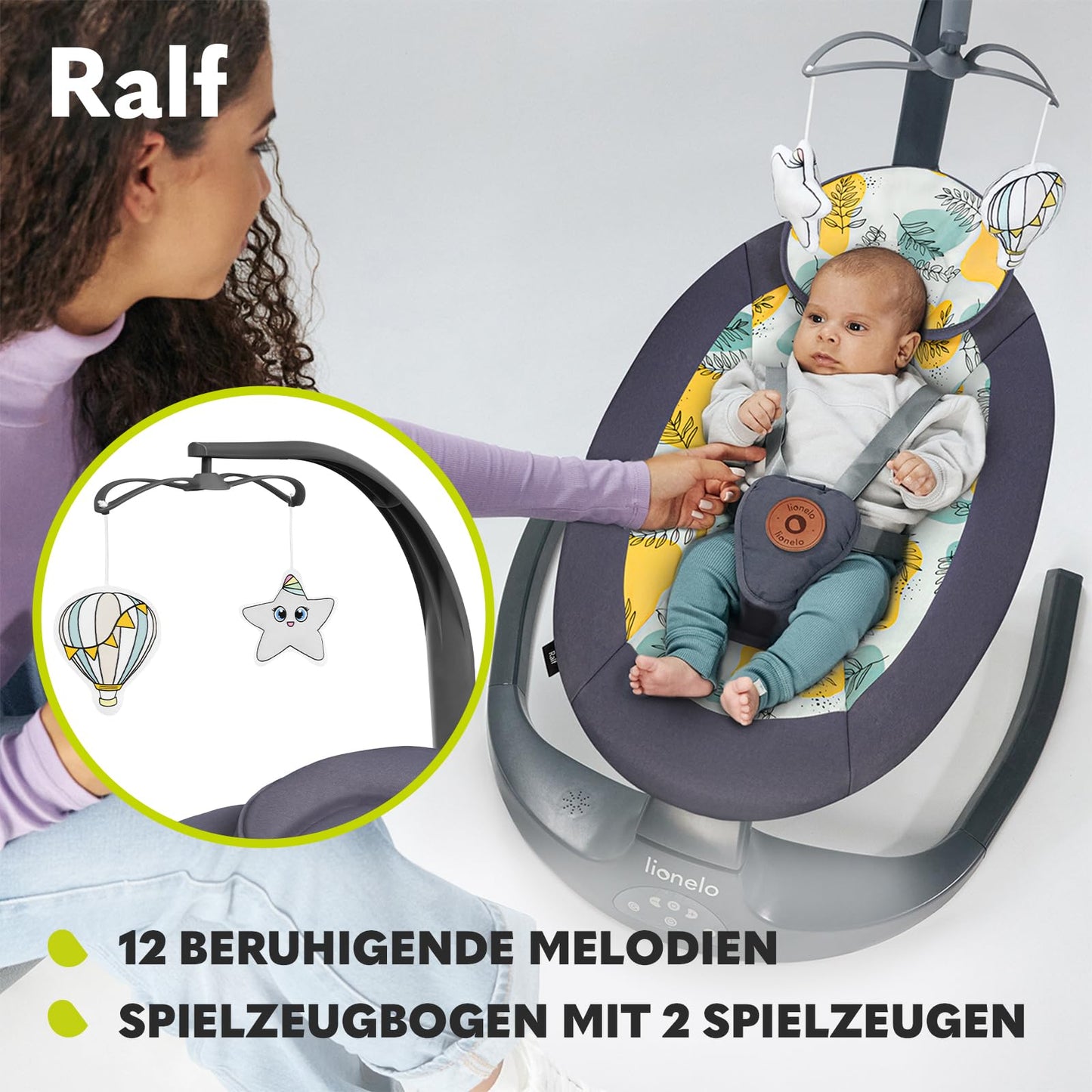 LIONELO Ralf 2-in-1 baby bouncer and recliner, remote control, 12 melodies, two rocking directions, 5 rocking speeds, locking, backrest adjustment, timer, quiet operation