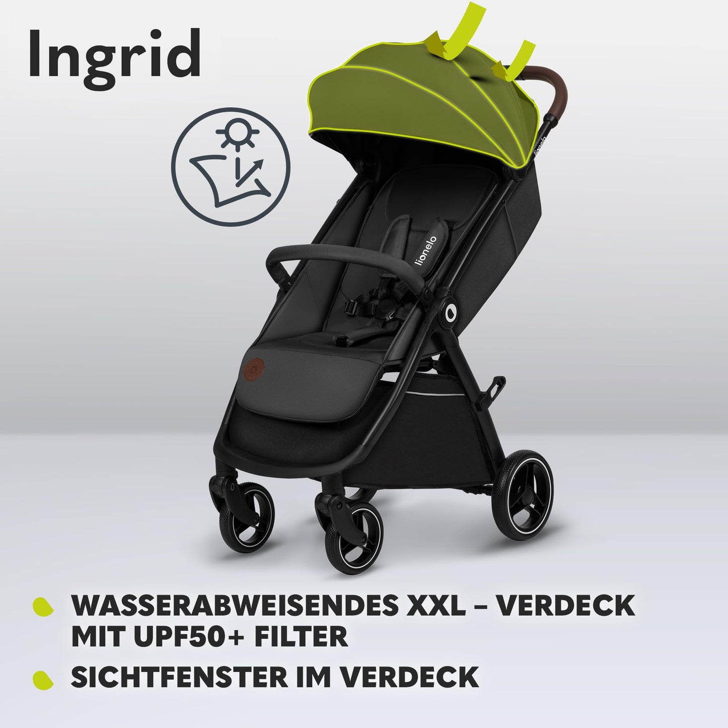 LIONELO INGRID Kinderwagen bis 22 kg von 6 Monaten bis 4 Jahren Große 360° schwenkbare Räder Volle Federung Einhändig zusammenklappbar Verstellbare Rückenlehne und Fußstütze Großes XXL-Verdeck