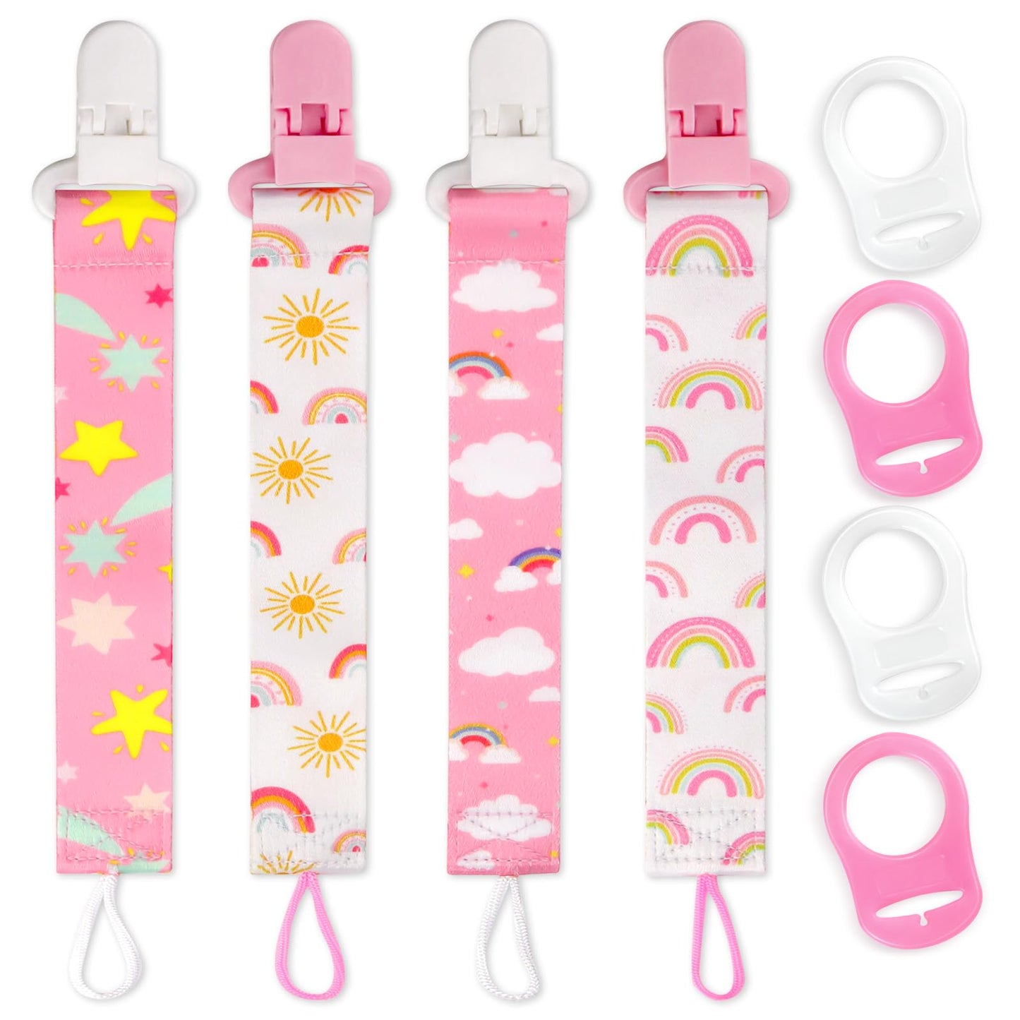 Suofuolef 4 Pack Schnullerkette Baby Mädchen, Baby Schnullerband Set mit Adaptern, Schnuller Clips für Neugeborenen Geburt & Taufe Geschenk, Rose