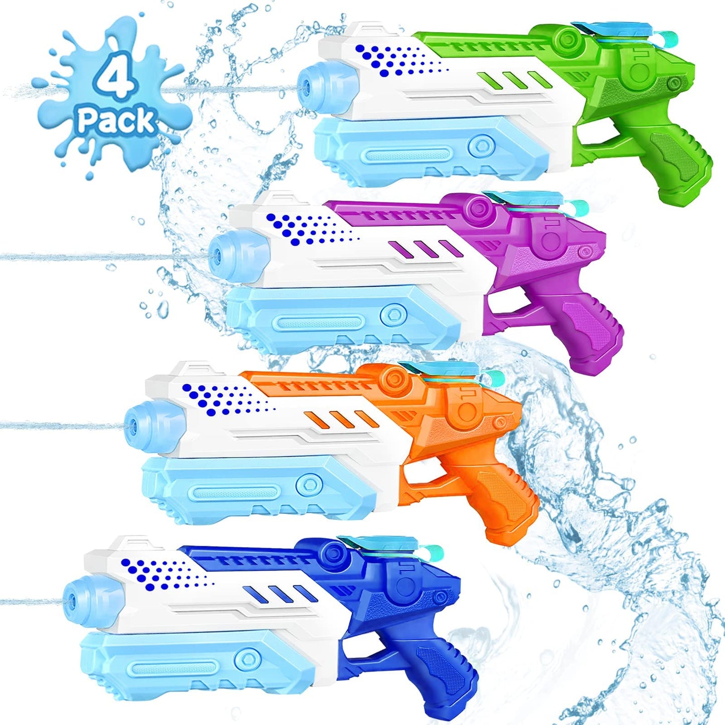 RONSTONE Wasserpistole Kinder 4 Stück - Wasserpistolen mit 9 Meter großer Reichweite und 300ML Wasserkapazität - Sommer Schwimmbad Pool Strand Wasserschlacht Wasserspritzpistole Spielzeug