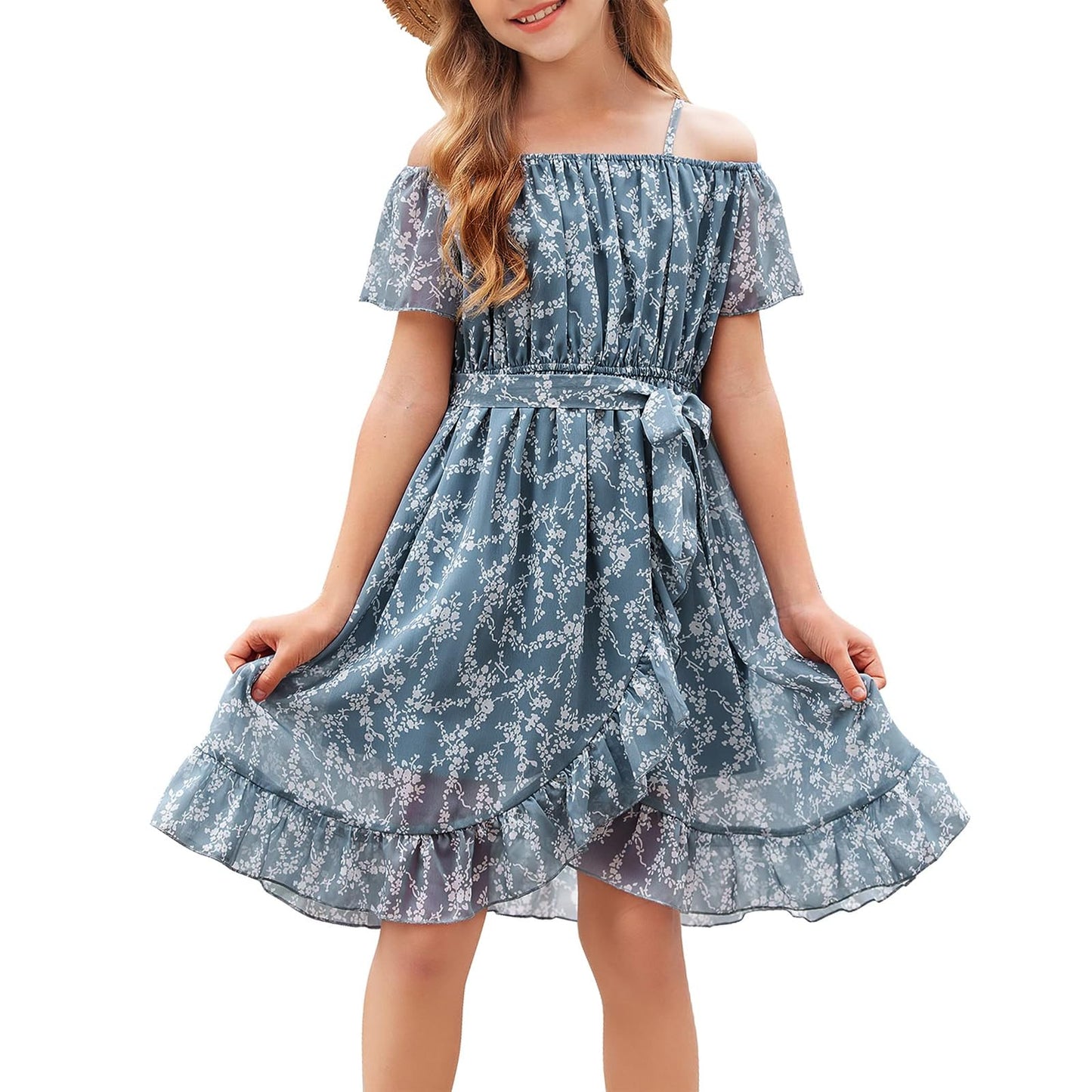 cenozo Casual Dresses for Girls, Chiffon Floral Dress, Off-the-Shoulder Summer Dress with Adjustable Straps, Leisure with Ruffle Sleeves, for Girls Aged 6 to 14 Years