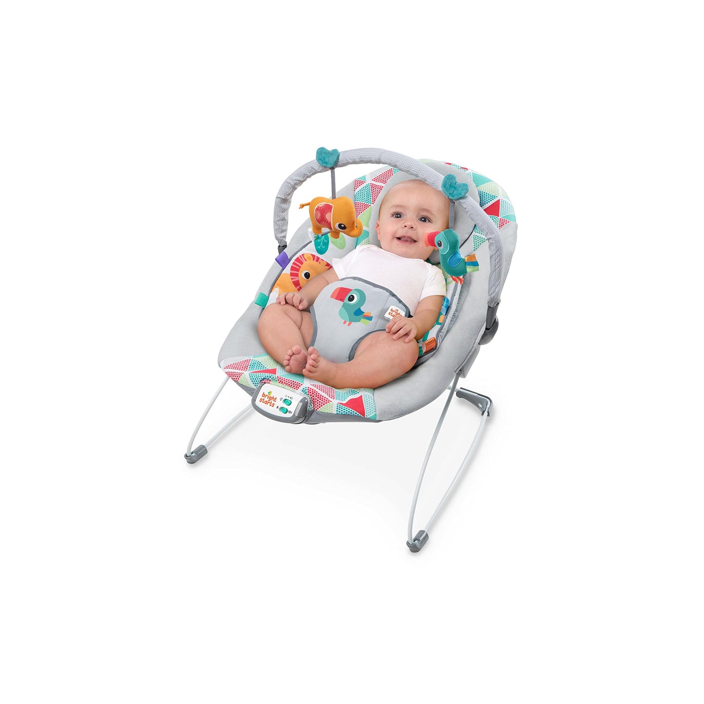 Bright Starts, Babywippe Babyschaukel Safari Fun mit Beruhigenden Vibrationen, Spielbogen mit 2 Spielzeugen, 3-Punkte-Gurt Sitz, Maschinenwaschbares Sitzpolster, ab der Geburt bis 9kg