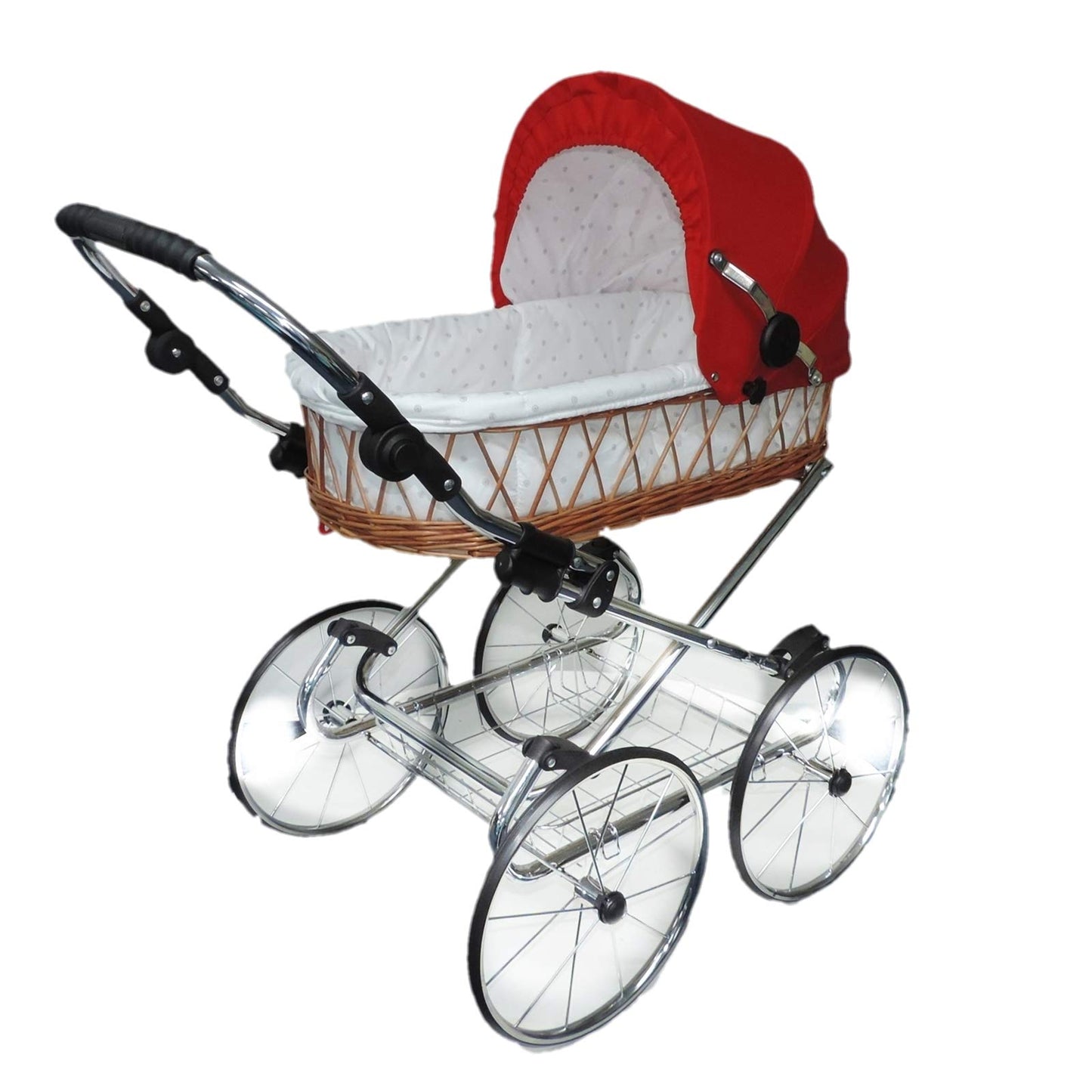 EICHHORN Kinderwagen Wicker Basket Doll's Pram Retro Toy Classic (Basket Natural, Fabric Navy Blue)
