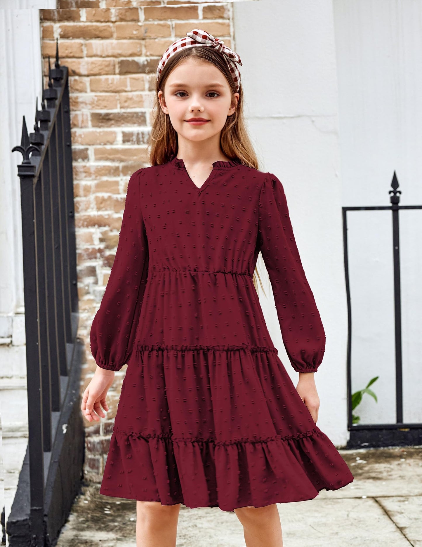 Arshiner Dress Girls Festive Flounce V-Neck Long Sleeve Dress Swiss Dot Chiffon Dress Children Tiered Dress A-Line Party Dress Wedding Princess Dress Swing Skater Dress 5-12 Years