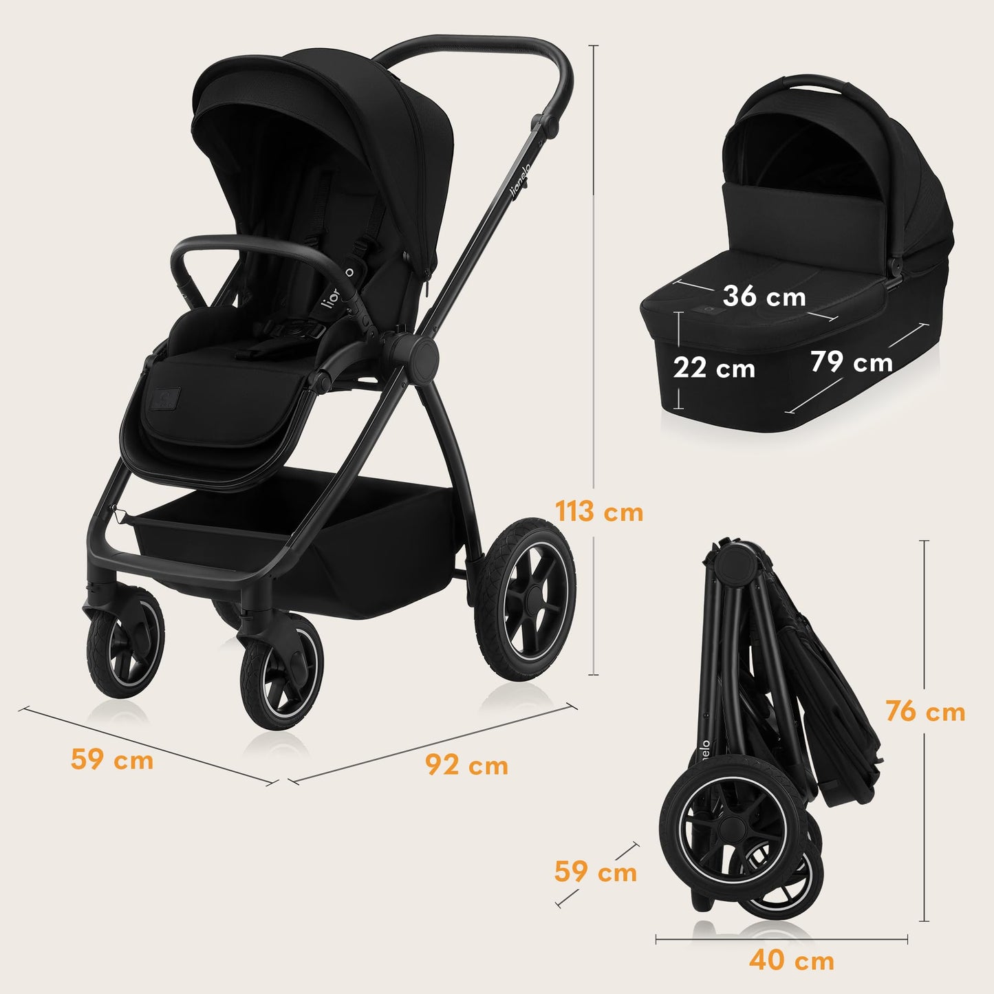 LIONELO MERIL 3-in-1 Multifunktionaler Kinderwagen 0-48 Monate Bis zu 22 kg, Babywanne bis zu 9 kg, Kindersitz bis zu 13 kg, Geländeräder 360°, Vollfederung, XXL-Verdeck mit UPF50+ - Meloni2