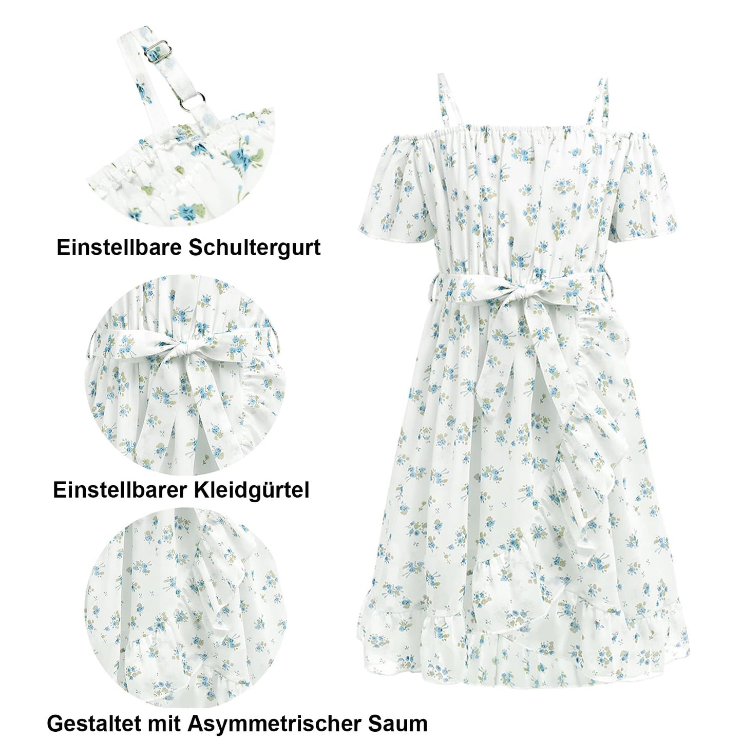 cenozo Casual Dresses for Girls, Chiffon Floral Dress, Off-the-Shoulder Summer Dress with Adjustable Straps, Leisure with Ruffle Sleeves, for Girls Aged 6 to 14 Years