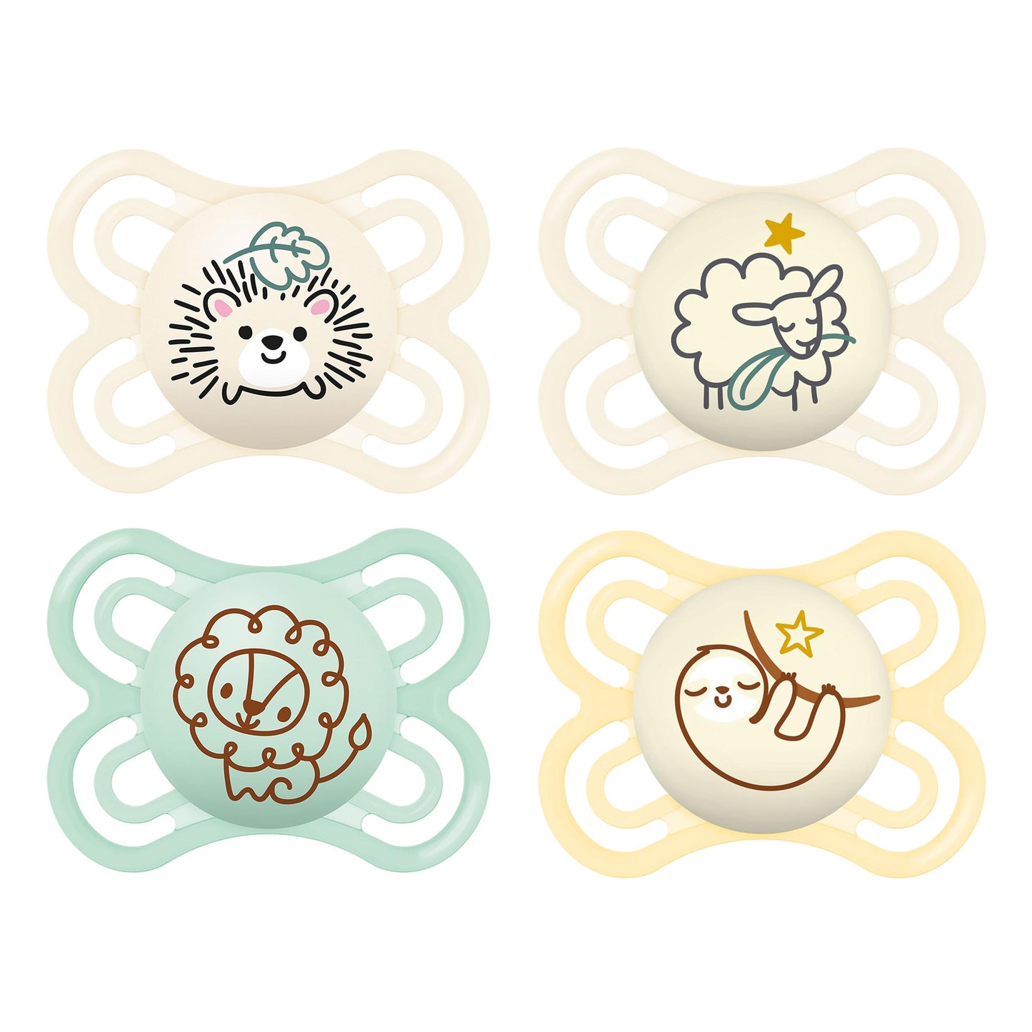 MAM Perfect Day & Night Schnuller | 0-6 Monate | Babyschnuller für Neugeborene | 94% Akzeptanz | beugt Zahnfehlstellungen vor | mit Zahnmedizinern entwickelt| SkinSoft Silikon |Igel/Schaf | 4 Stück
