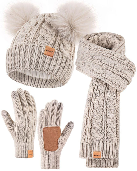 Winuesa Mütze, Schal & Handschuh-Sets für Damen, Beanie Mütze Damen Winter mit Bommel Fleece Gefütterte, Touchscreen Handschuhe Schal Cap 3 in 1 Set