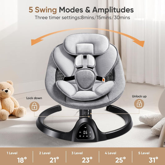 Kiloston Elektrische Wippe Baby - Babyschaukel Elektrisch mit APP- und Bluetooth-Steuerung, 5-Punkt-Sicherheitsgurt, 5 Geschwindigkeiten und Fernbedienung - Tragbare Babywippe Neugeborene