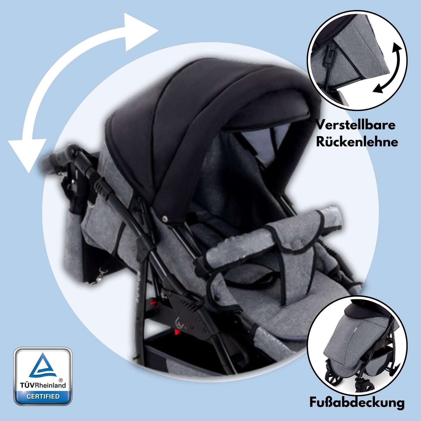 GaGaDumi Boston Kinderwagen 3 in 1 Komplettset mit Autositz - Kombikinderwagen mit großen Rädern - TÜV-zertifiziert - Baby Stroller Set - für Neugeborene und Kleinkinder Schwarz