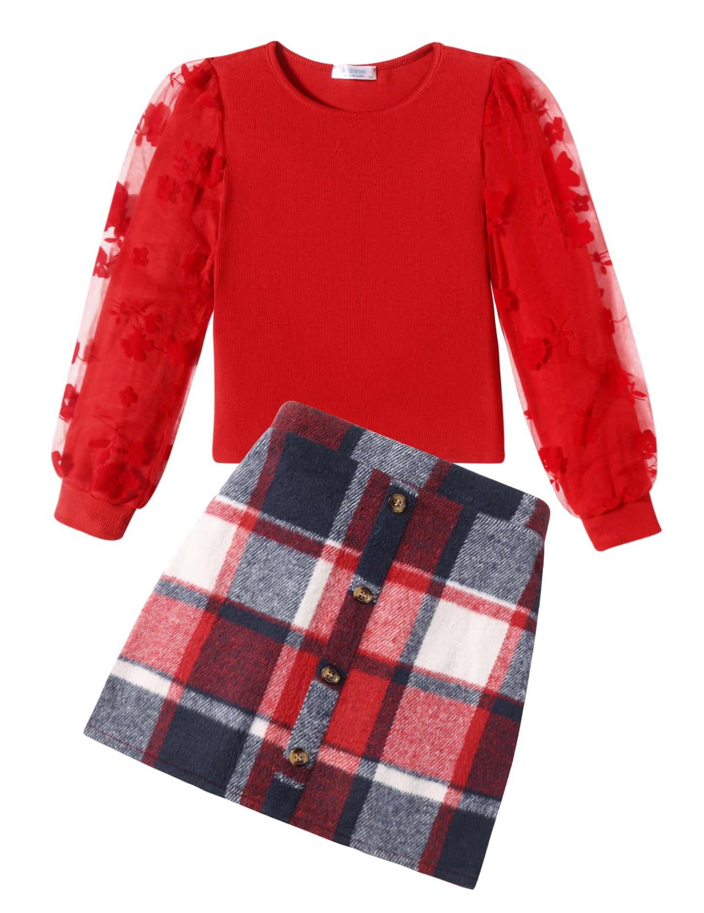 Arshiner Girls' Clothing Sets Elegant Long Sleeve Shirt with Skirt Set Children's Autumn Winter Outfit Checked Leisure Fashion Two Piece Clothing Sets for Girls 5-13 Years