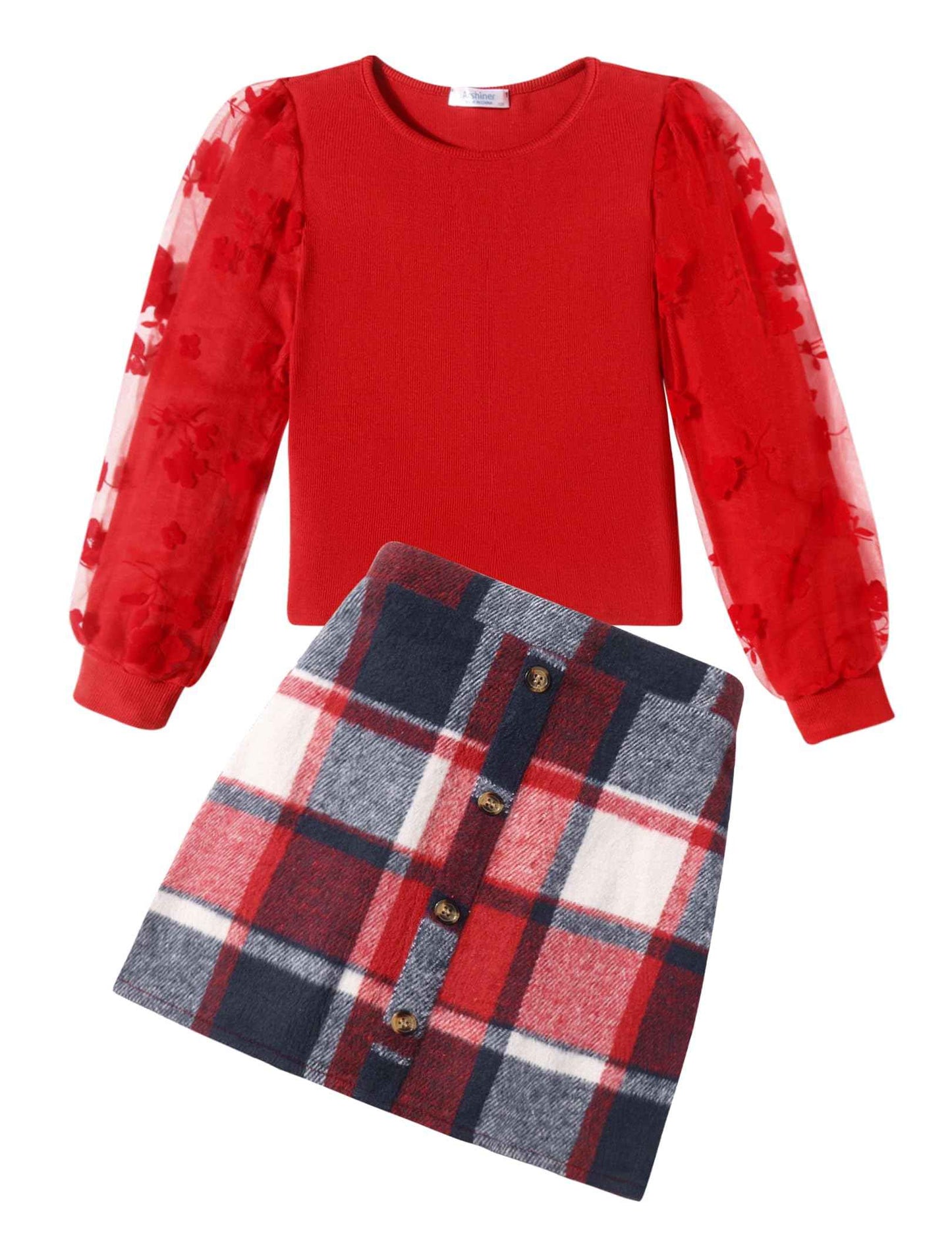 Arshiner Girls' Clothing Sets Elegant Long Sleeve Shirt with Skirt Set Children's Autumn Winter Outfit Checked Leisure Fashion Two Piece Clothing Sets for Girls 5-13 Years