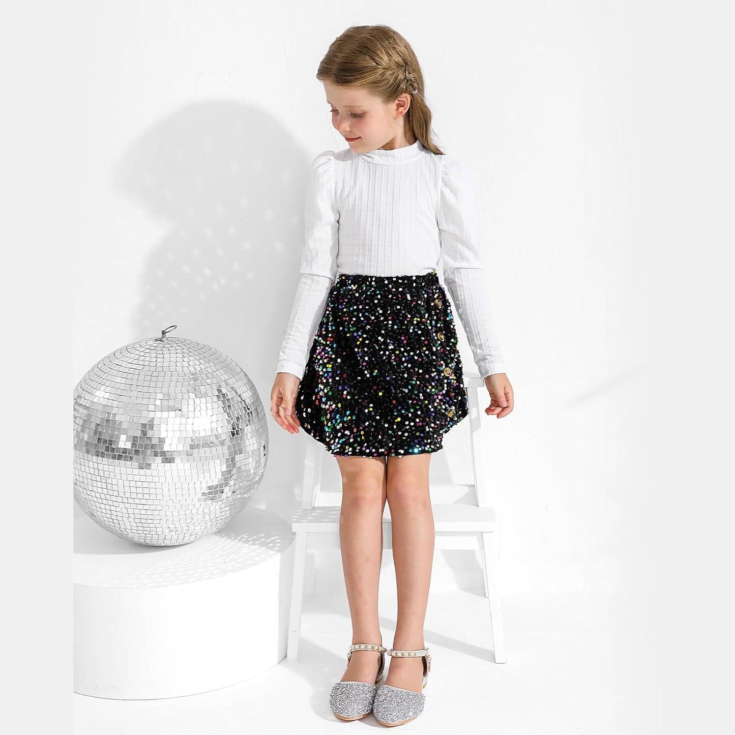 Bkixhv Baby Girls Clothes, Toddler Girls Skirt Set, Autumn Outfits, Long Puff Sleeves, Tops and Sequin Mini Skirt