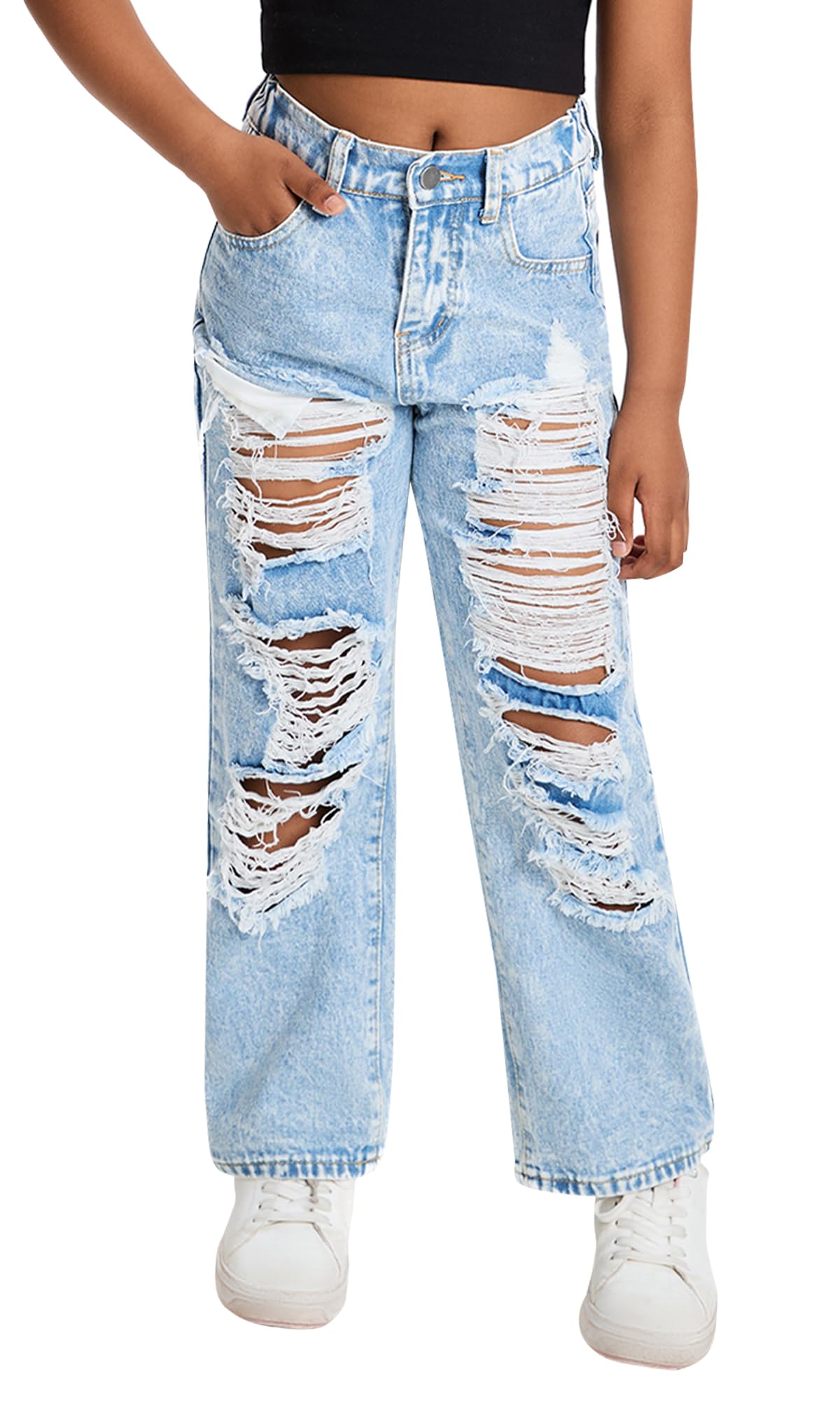 Happy Cherry Mädchen Jean Hosen Loch Wash Denim Blau Hose Kinder Elastische Taille Vintage Jeans Weites Bein Jeanshosen 130-160