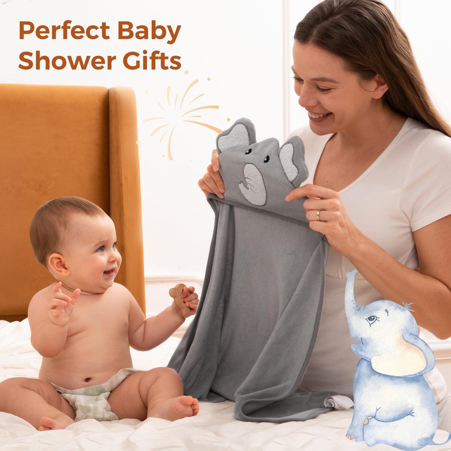 Momcozy Bambus Baby Badetücher Set 5er Pack, Babyhandtuch mit Kapuze , Waschlappen 3 Stück, Baby Bad Handschuh 1 Stück, Extrem Weich, Atmungsaktiv, Geeignet für Mädchen und Jungen