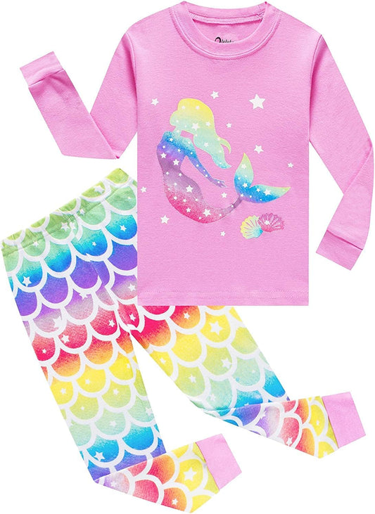 EULLA Kinder Schlafanzüge Mädchen Langarm Winter Pyjama Set Baumwolle Meerjungfrau Einhorn Prinzessin Katze Dino Zweiteilig Nachtwäsche 92 98 104 110 116 122