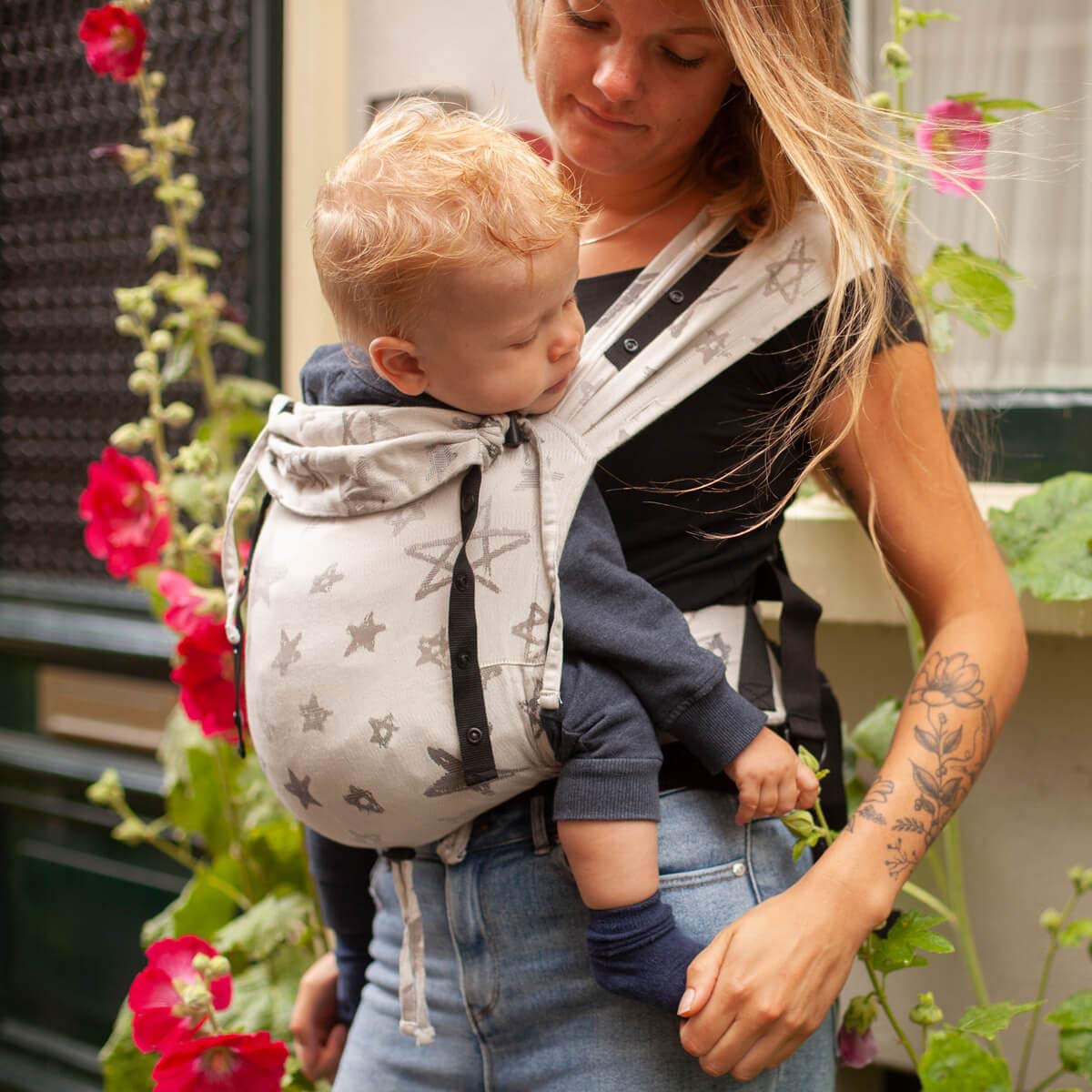Hoppediz Babytrage Primeo, für Neugeborene ab Geburt, Bauchtrage, Rückentrage, 100% Bio-Baumwolle, Djerba