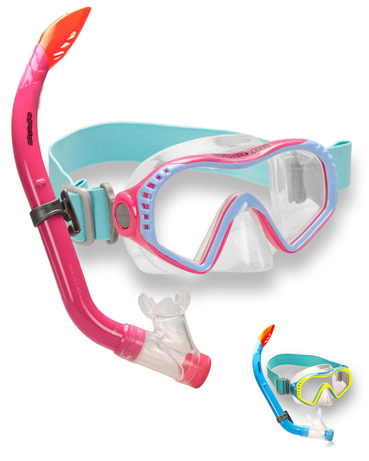 AQUAZON Starfish Kinder Schnorchelset - Taucherbrille mit extra komfortablem Textil Kopfband - 7-12 Jahre - inkl. Schnorchel, superklares temperiertes Glas