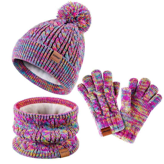 ZUPPAD Mütze und Schal Kinder Set, Kinder Beanie Mütze Winter mit Bommel Strick Halswärmer Halstuch Schlauchschal Warme Handschuhe Fleece Gefüttertes Geschenk Set für Mädchen Kinder