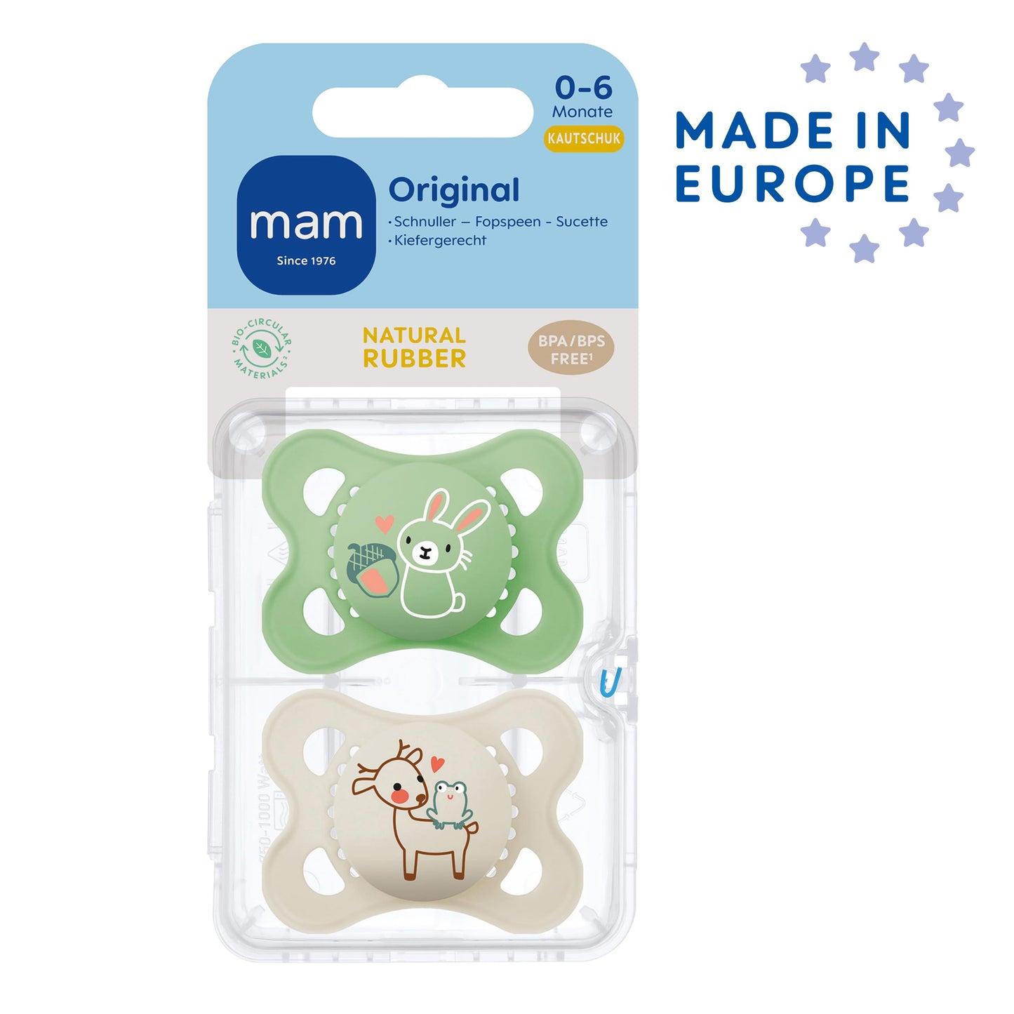 MAM Original Latexschnuller im 2er-Set, Schnuller aus nachhaltigen, bio-erneuerbaren Materialien, Baby Schnuller mit symmetrischem & kiefergerechtem Sauger, 0-6 Monate, Hase/Reh - Meloni2