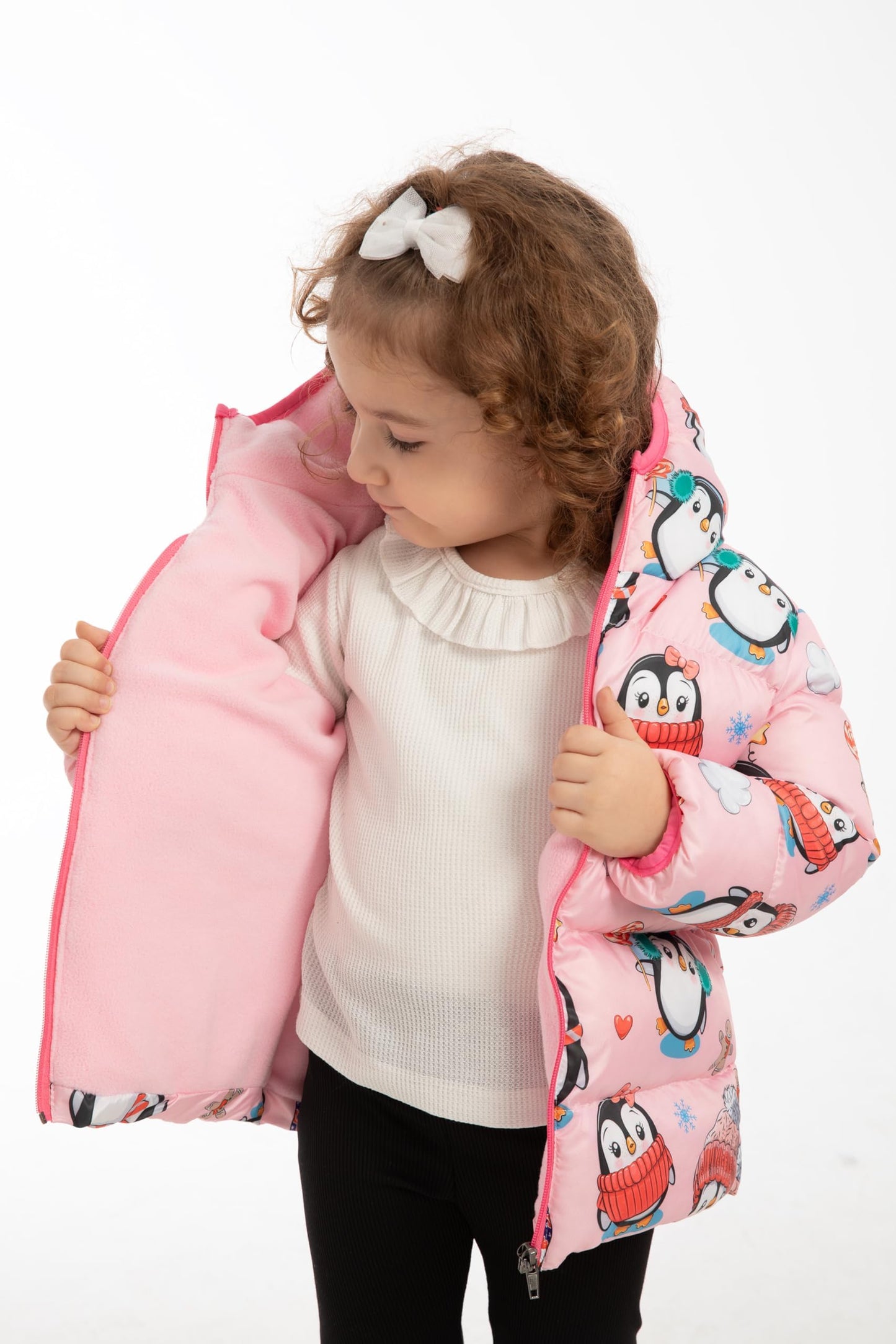 Generisch Wasserdichte Mädchen Winterjacke mit Kapuze – Rosa Jacke mit Pinguin-Muster – Atmungsaktive, Winddichte Übergangsjacke für Herbst und Winter