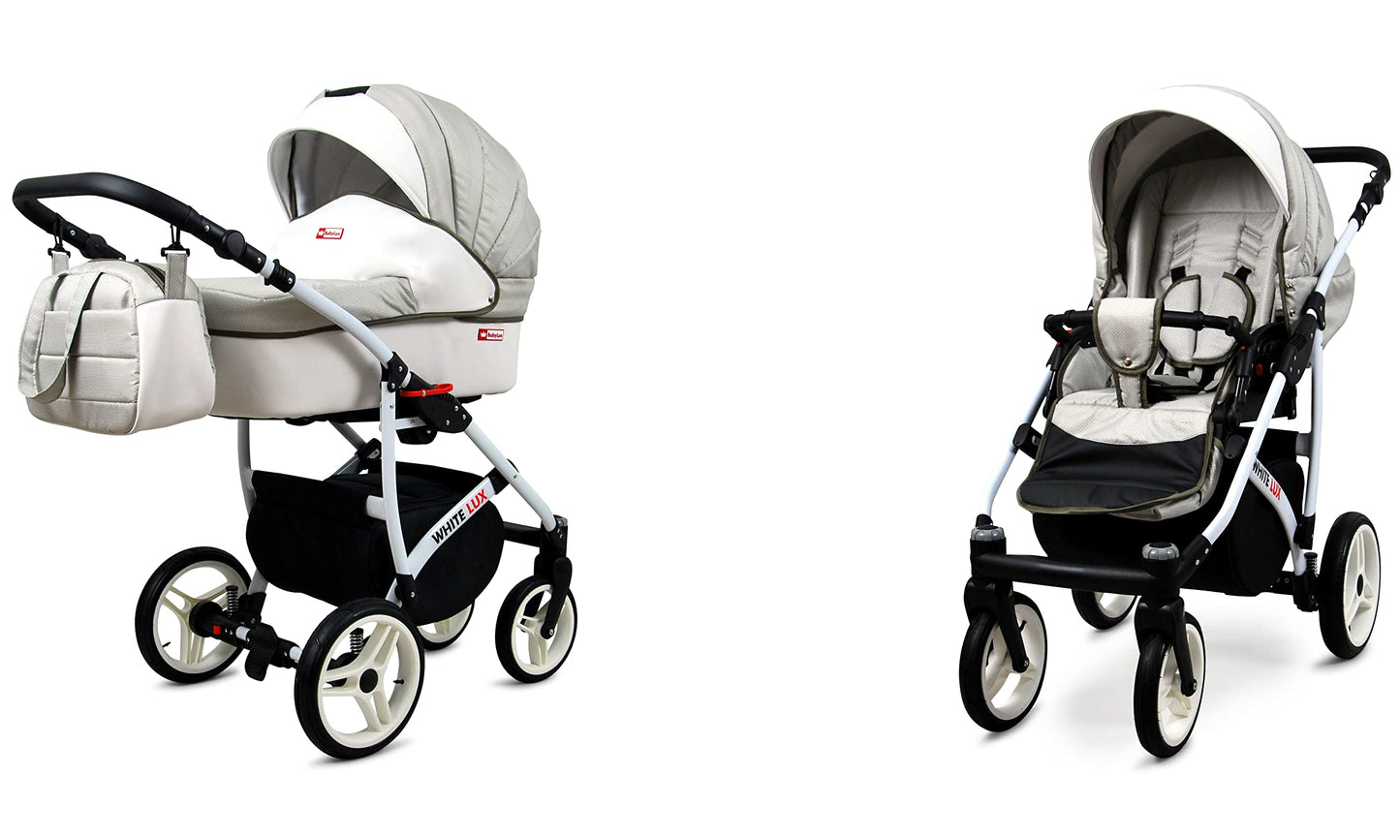 BabyLux® Bambimo Kinderwagen Set 3 in 1 - White Lux - incl. Babywanne, Buggy Sportsitz, Auto-Babyschale - Autositz - Kinderwagenset - Kombikinderwagen mit Wickeltasche, Regenschutz usw.