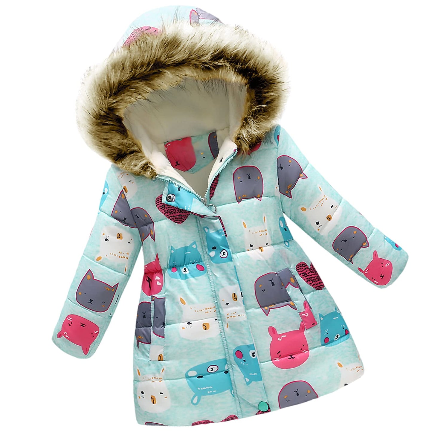 amropi Girls' Floral Winter Jacket with Fur Hood Warm Winter Coat Children's Jacket for 2-10 Years